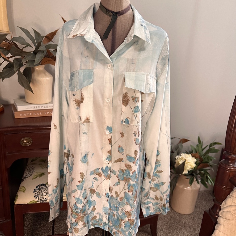 Floral Button-Up Shirt in Blue and Brown